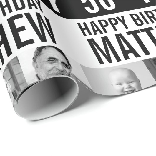 50歳の誕生日の3枚の写真の白黒ストライプの ラッピングペーパー (ロールコーナー)