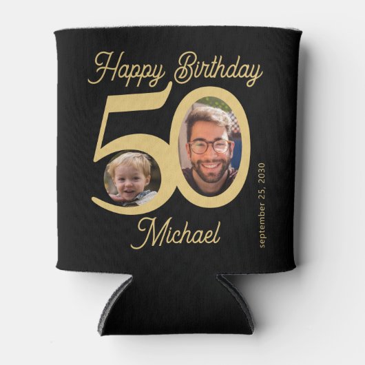 50歳の誕生日はっきりした黒金ゴールド2枚の写真名 缶クーラー (正面)