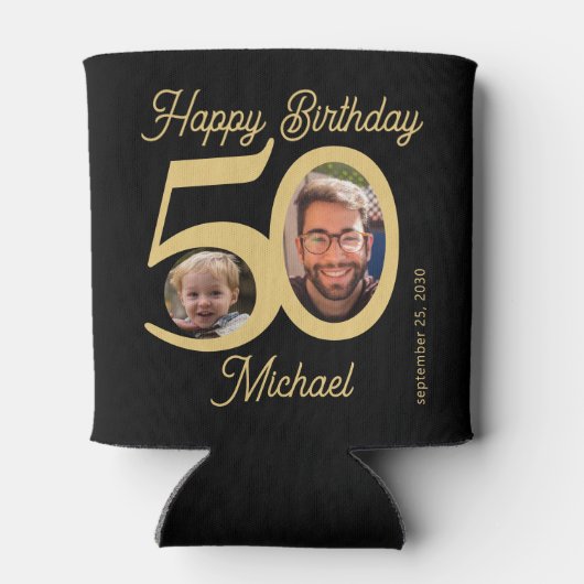 50歳の誕生日はっきりした黒金ゴールド2枚の写真名 缶クーラー (裏面)
