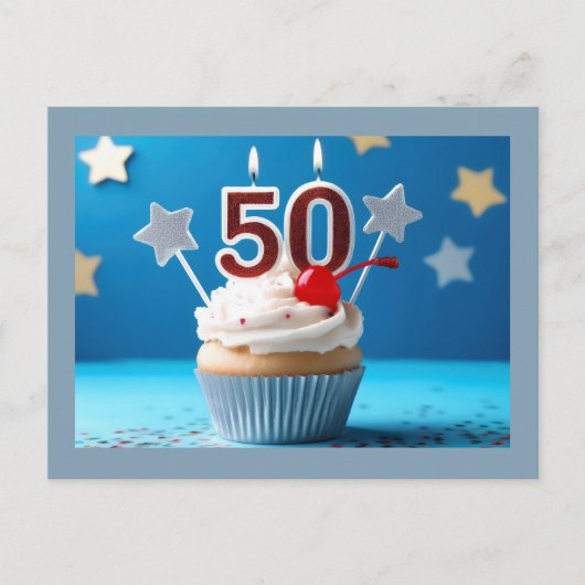 50歳の誕生日ろうそく付きカップケーキ パーソナライズド ポストカード (正面)