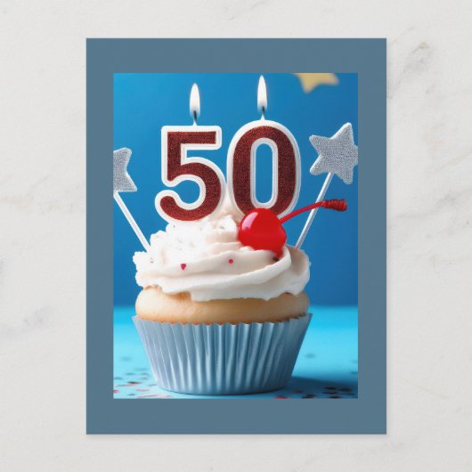 50歳の誕生日ろうそく付きカップケーキ ポストカード (正面)