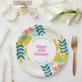 50歳の誕生日を祝うカラフルなモダンフラワーデザイン ペーパープレート