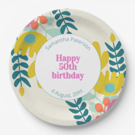 50歳の誕生日を祝うカラフルなモダンフラワーデザイン ペーパープレート