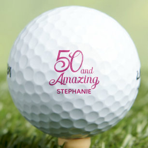 50歳の誕生日を祝うピンクのスクリプトのカスタムデザイン ゴルフボール