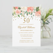 50歳の誕生日を祝うピーチゴールドの花の招待状 招待状 (スタンド正面)
