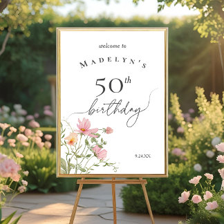 50歳の誕生日を祝う女性らしいワイルドフラワーのウェルカムボード ポスター