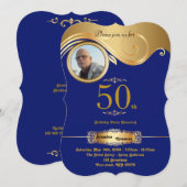 50歳の誕生日を祝う男性向けのどんな年齢にも合う、アールデコ調のネイビーゴールド 招待状 (正面/裏面)