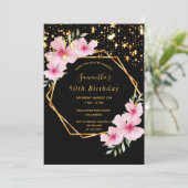 50歳の誕生日を迎える熱帯の幾何学的な黒い金ゴールド星 招待状 (スタンド正面)