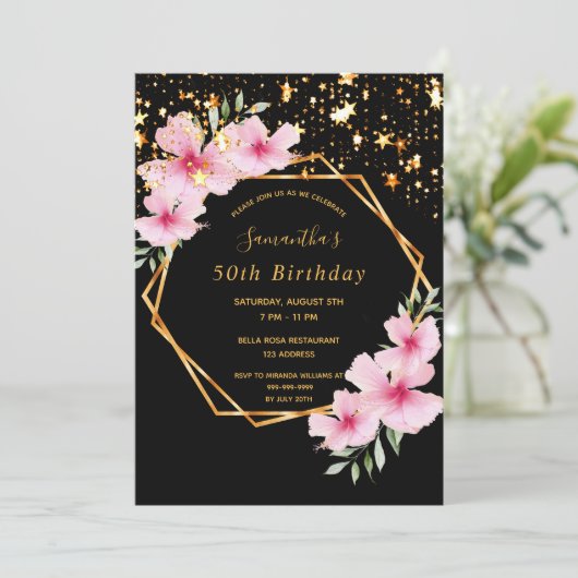 50歳の誕生日を迎える熱帯の幾何学的な黒い金ゴールド星 招待状 (スタンド正面)