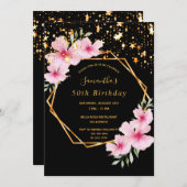 50歳の誕生日を迎える熱帯の幾何学的な黒い金ゴールド星 招待状 (正面/裏面)