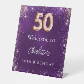 50歳の誕生日を迎える紫のグリッター 台座サイン (正面)
