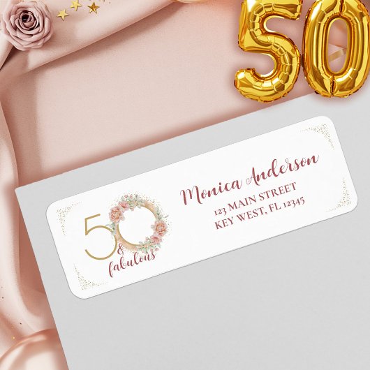 50歳の誕生日を飾るゴージャスなピンクの花と金の写真ラベル ラベル