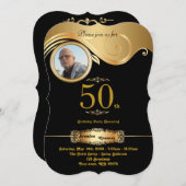 50歳の誕生日を飾る、どんな年齢にも合う、アールデコ、黒と金のプレート 招待状 (正面/裏面)