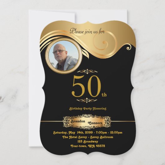 50歳の誕生日を飾る、どんな年齢にも合う、アールデコ、黒と金のプレート 招待状 (正面)