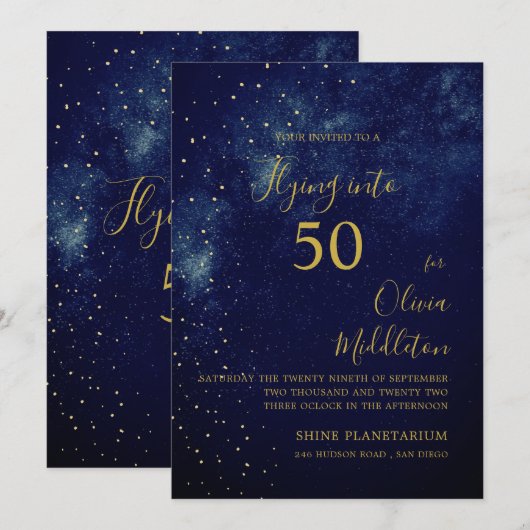 50歳の誕生日イブスカイアストラルゴールドスターズブルー 招待状 (正面/裏面)