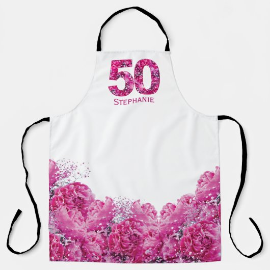 50歳の誕生日エプロピンクエプロン50年の牡丹 エプロン (正面)