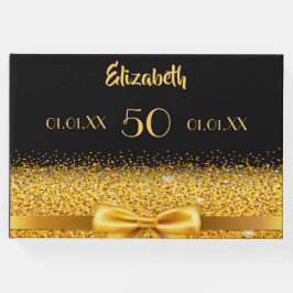 50歳の誕生日エレガント金ゴールドの弓とリボンの黒 ゲストブック