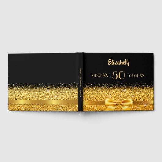 50歳の誕生日エレガント金ゴールドの弓とリボンの黒 ゲストブック (全面)