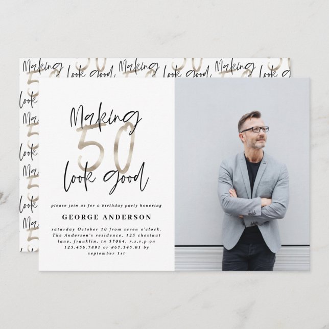 50歳の誕生日エレガント黒モダン銀 (正面/裏面)