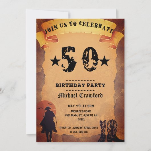 50歳の誕生日カウボーイ古い紙乗馬パーティー 招待状 (正面)
