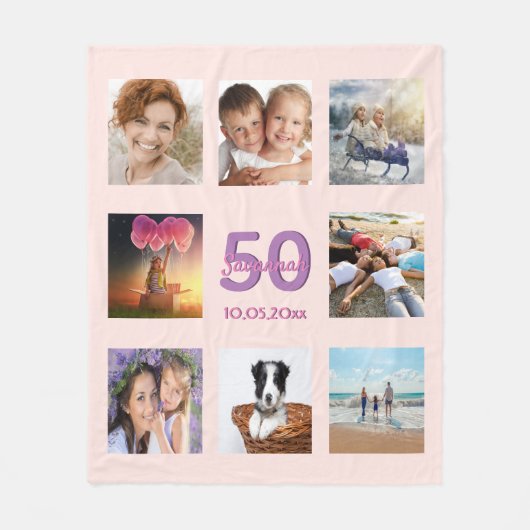 50歳の誕生日カスタム写真コラージュバラ金ゴールドピンク フリースブランケット (正面)