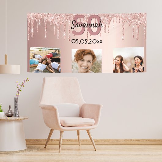 50歳の誕生日カスタム写真バラ金ゴールドピンクグリッター 横断幕