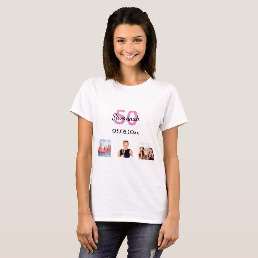 50歳の誕生日カスタム写真ピンクのモノグラム女性 Tシャツ (正面フル)