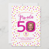 50歳の誕生日カスタム写真ピンク色の黄色紙吹雪 招待状 (正面)