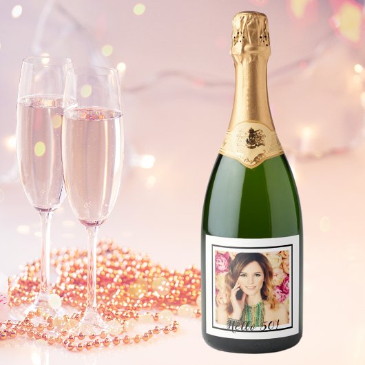 50歳の誕生日カスタム写真ホワイトブラック スパークリングワインラベル