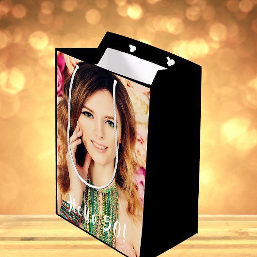 50歳の誕生日カスタム写真hello 50 50 ミディアムペーパーバッグ