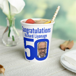 50歳の誕生日カスタム文字2枚のフォトホワイトブルー 紙コップ