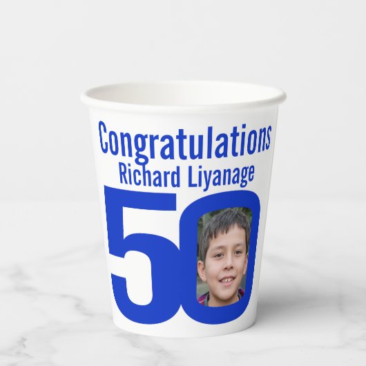 50歳の誕生日カスタム文字2枚のフォトホワイトブルー 紙コップ (裏面)