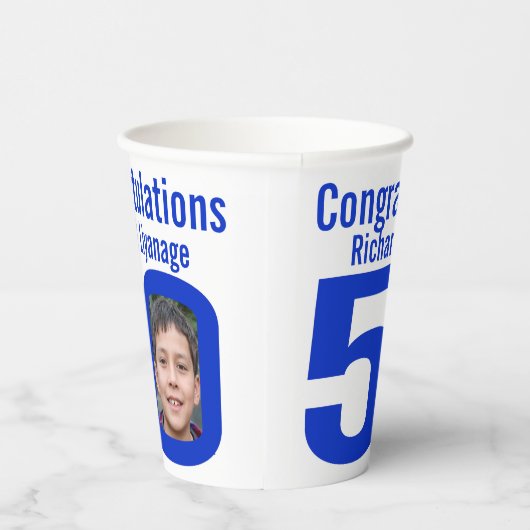 50歳の誕生日カスタム文字2枚のフォトホワイトブルー 紙コップ (右)