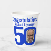 50歳の誕生日カスタム文字2枚のフォトホワイトブルー 紙コップ (正面)