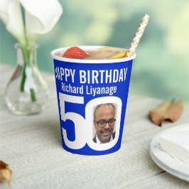 50歳の誕生日カスタム2枚フォトブルー 紙コップ