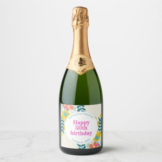 50歳の誕生日カラフルな花モダン スパークリングワインラベル (正面)