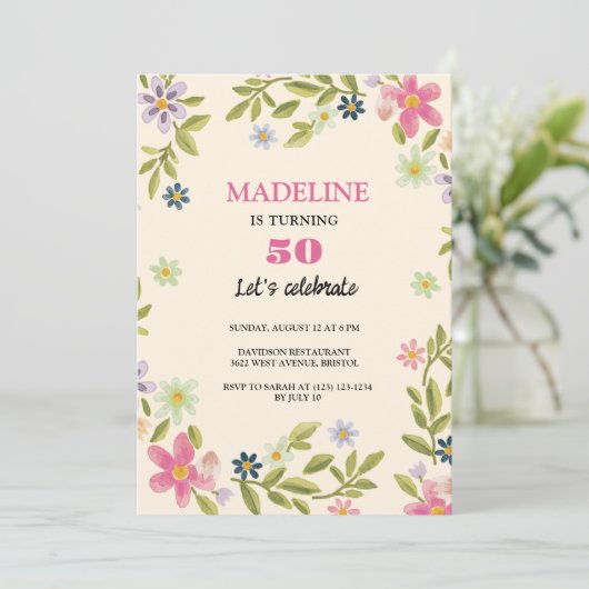 50歳の誕生日カラフルの花甘い誕生日 招待状 (スタンド正面)