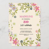 50歳の誕生日カラフルの花甘い誕生日 招待状 (正面/裏面)