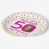 50歳の誕生日カラフルピンク黄色の紙吹雪写真 ペーパープレート (アングル)