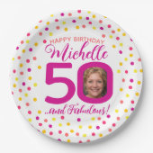50歳の誕生日カラフルピンク黄色の紙吹雪写真 ペーパープレート (正面)