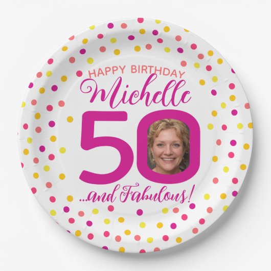 50歳の誕生日カラフルピンク黄色の紙吹雪写真 ペーパープレート (正面)
