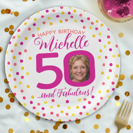 50歳の誕生日カラフルピンク黄色の紙吹雪写真 ペーパープレート