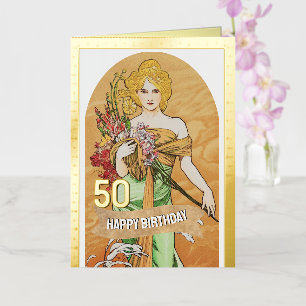 50歳の誕生日カード、春の女神、ヴィンテージアート 箔グリーティングカード