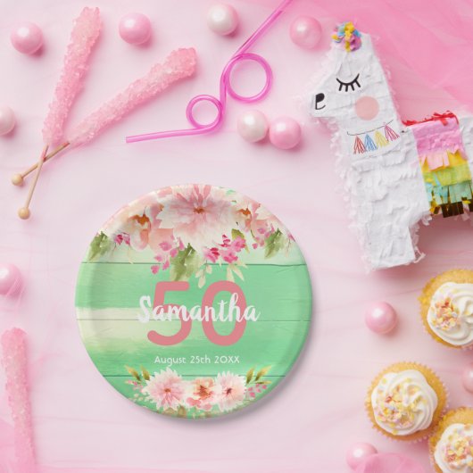 50歳の誕生日グリーンピンクの花模様モノグラム素朴 ペーパープレート (パーティー)