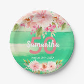 50歳の誕生日グリーンピンクの花模様モノグラム素朴 ペーパープレート (正面)