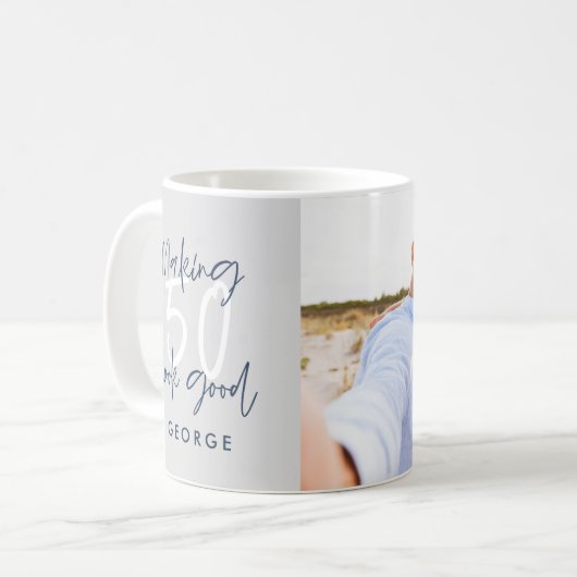 50歳の誕生日グレイモダンとネイビーブルーの写真ギフト コーヒーマグカップ (正面左)