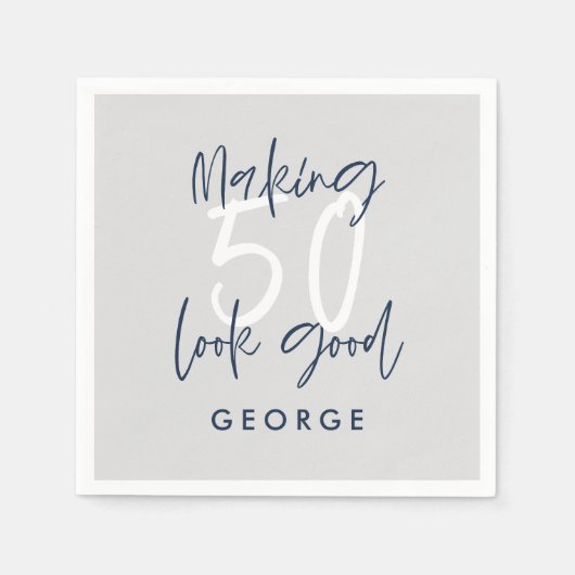 50歳の誕生日グレモダンー+ネイビーブルーの写真パーティー スタンダードカクテルナプキン (正面)