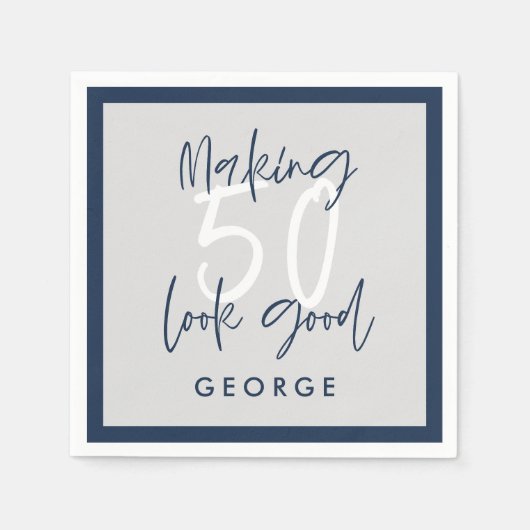 50歳の誕生日グレモダンー+ネイビーブルーの写真パーティー スタンダードカクテルナプキン (正面)