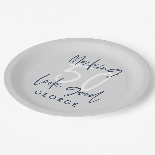 50歳の誕生日グレモダンー+ネイビーブルーパーティー ペーパープレート (アングル)