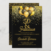 50歳の誕生日サプライズパーティー ゴールド ブラック グリッター 招待状 (正面/裏面)
